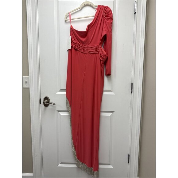 Mac Duggal Size 16 W Pink 76989 One Shoulder Beaded Fringe Cut Out Gown Dress - Picture 7 of 10